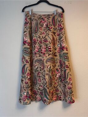 East 5th Linen Blend Beige A-Line Skirt with Pink & Teal Paisley